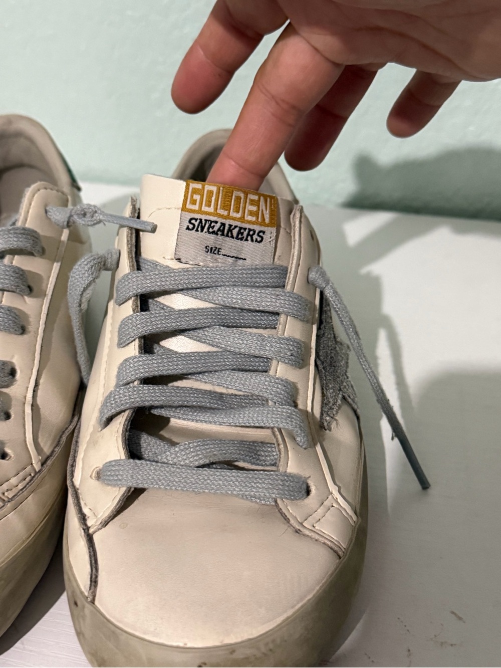 Golden Goose White Leather Sneakers with Green Heel and Gray Star - Picture 6 of 13